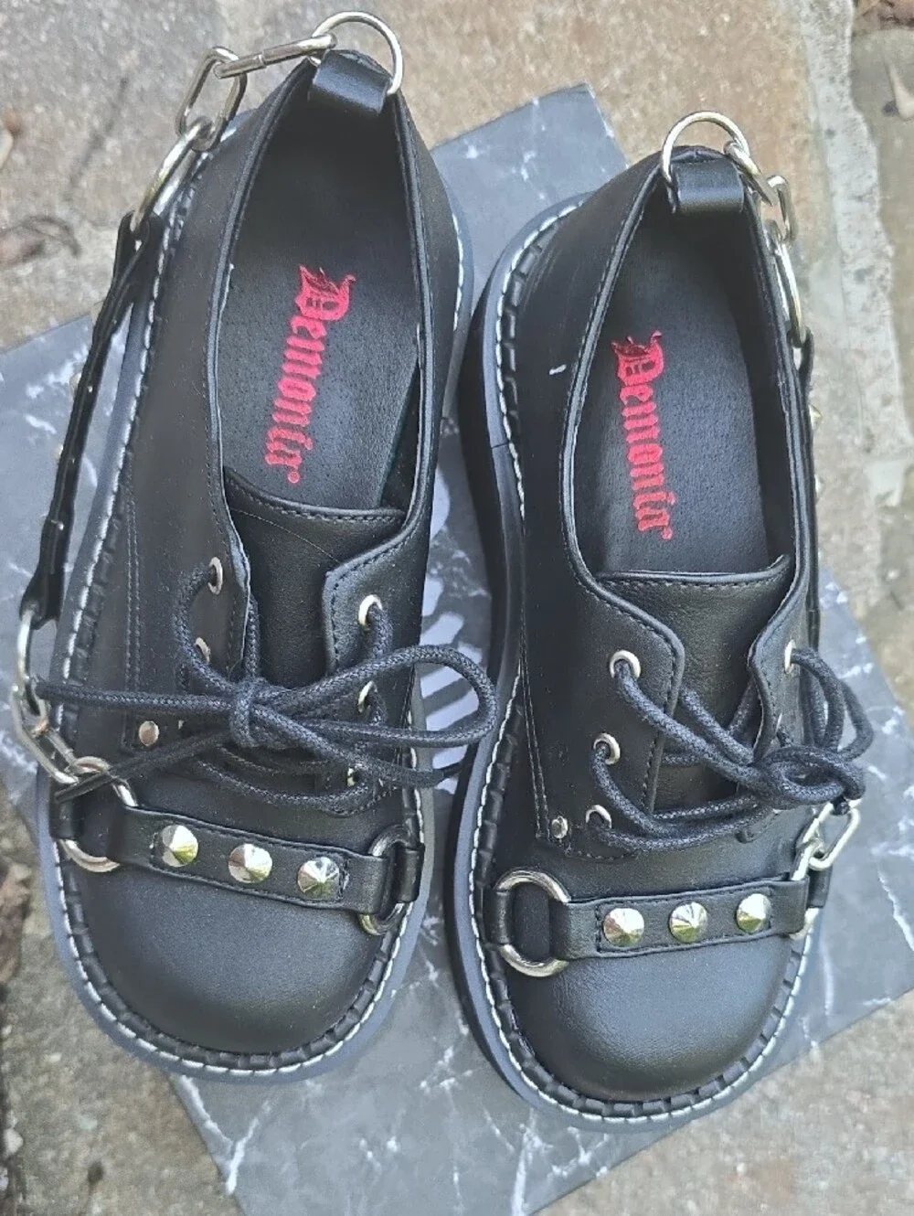 Demonia Black Studded Platform Oxfords with Silver Hardware